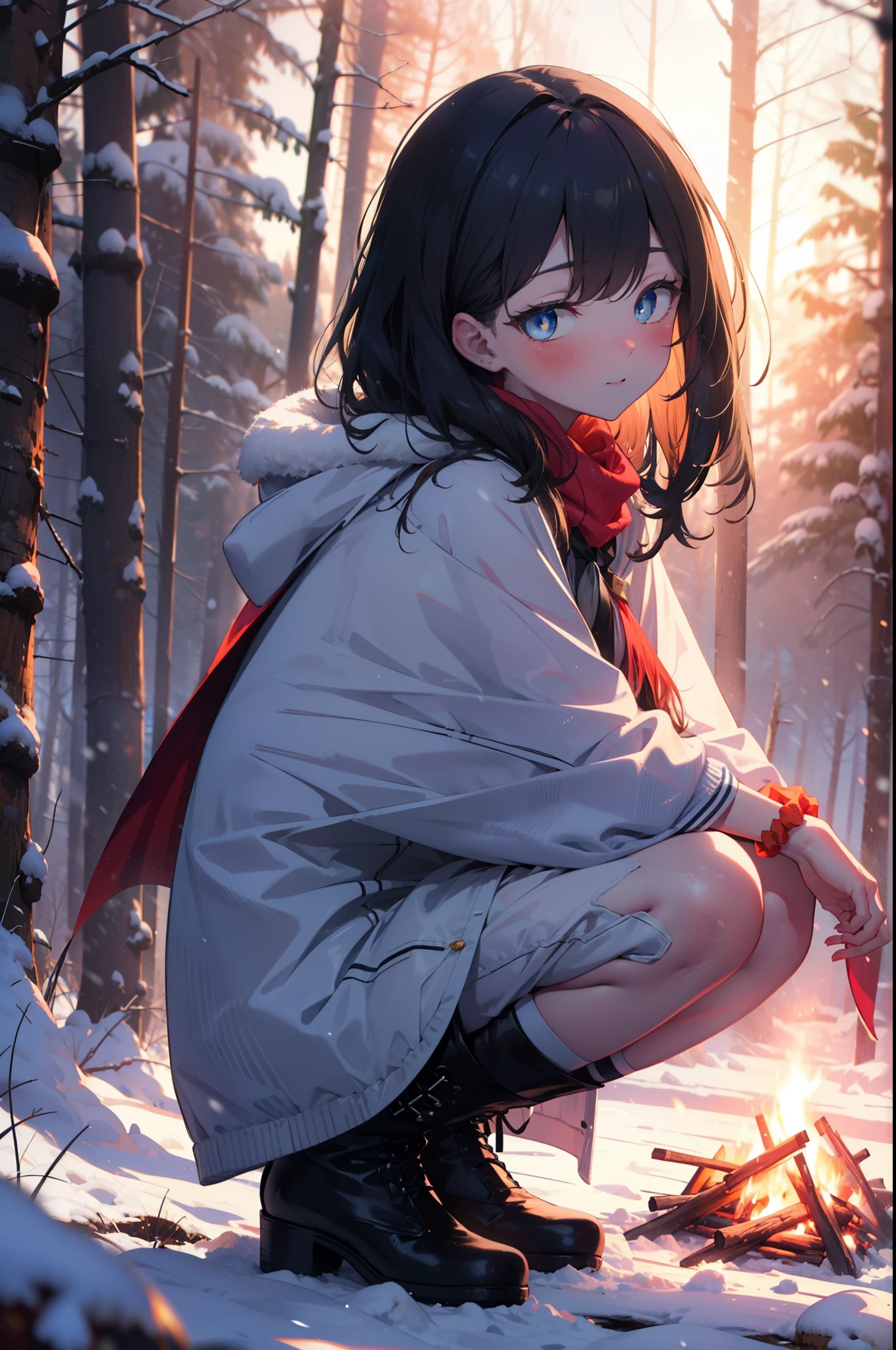 Six flowers, rikka takarada, Black Hair, blue eyes, Long Hair, orange Scrunchie, Scrunchie, wrist Scrunchie,smile,blush,White Breath,
Open your mouth,snow,A bonfire on the ground, Outdoor, boots, snowing, From the side, wood, suitcase, Cape, Blurred, Increase your meals, forest, White handbag, nature, Squat, Mouth closed, フードed Cape, winter, Written boundary depth, Black shoes, red Cape break looking at viewer, Upper Body, whole body, break Outdoor, forest, nature, break (masterpiece:1.2), highest quality, High resolution, unity 8k wallpaper, (shape:0.8), (Beautiful and beautiful eyes:1.6), Highly detailed face, Perfect lighting, Highly detailed CG, (Perfect hands, Perfect Anatomy),