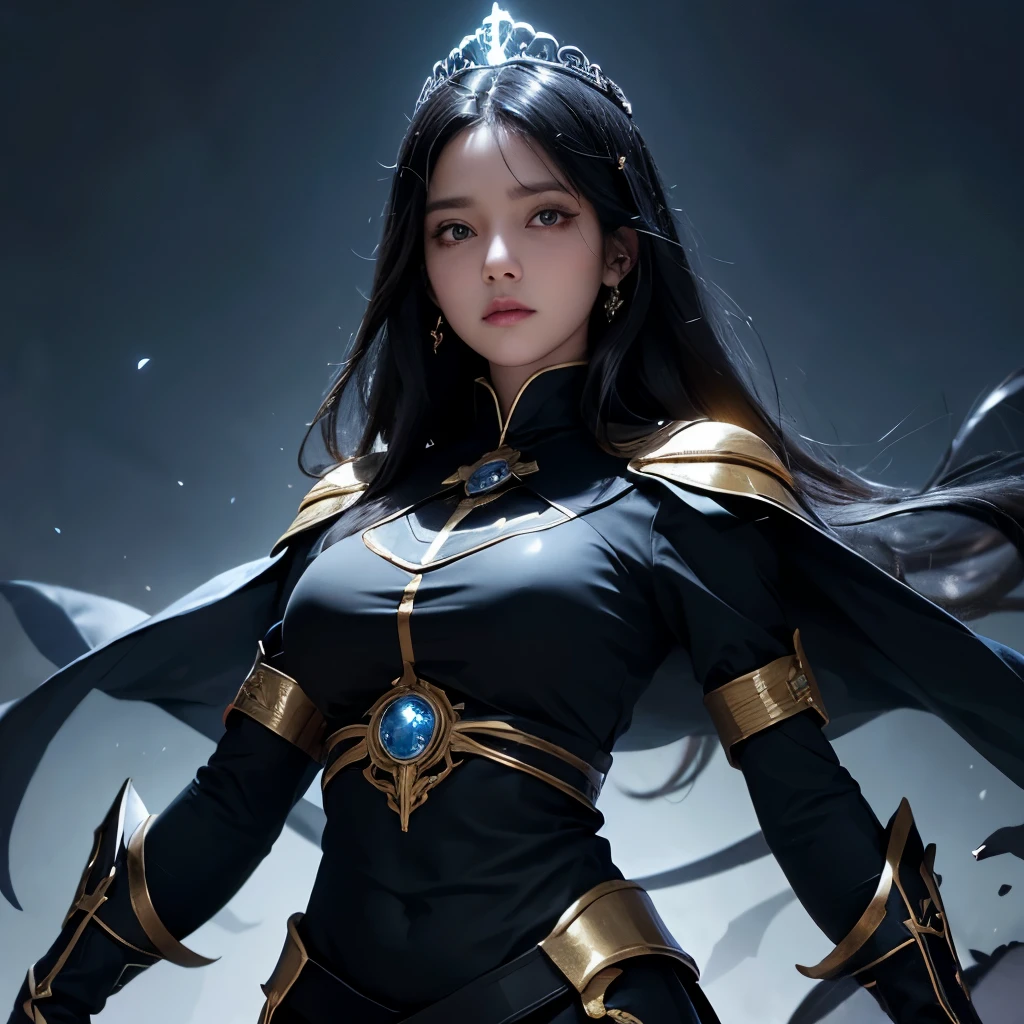 Girl, spellcaster, onyx and black uniform, black hair, wear tiara, picture form top to belly, heroic stand, round face, blue background, look at camera, detailed, photorealistic, best quality, white background