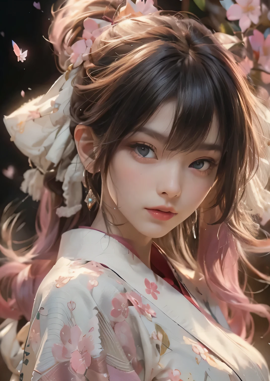 ((best quality)), ((masterpiece)), (detail: 1.4), 3D, Beautiful cyberpunk female character, HDR (High Dynamic Range), Ray Tracing, NVIDIA RTX, Super Resolution, Unreal 5, Subsurface scattering, PBR Textures, Post-Processing, Anisotropic filtering, Depth of Field, Maximum Acutance and Acutance, Multi-layered textures, Albedo and Specular Maps, Surface Shading, Mitsu - Accurate simulation of material interactions, Perfect proportion, Octane Rendering, Two-color light, Large aperture, Low ISO, White Balance, Regular three-point shot, 8K Native, Beautiful bright pupils, Flowing robe, outstanding student, Delicate face and eyes, Long eyelashes, blush, Fluffy hair, Pink lips, pure, Lovely, Cherry blossom petals falling, Butterfly