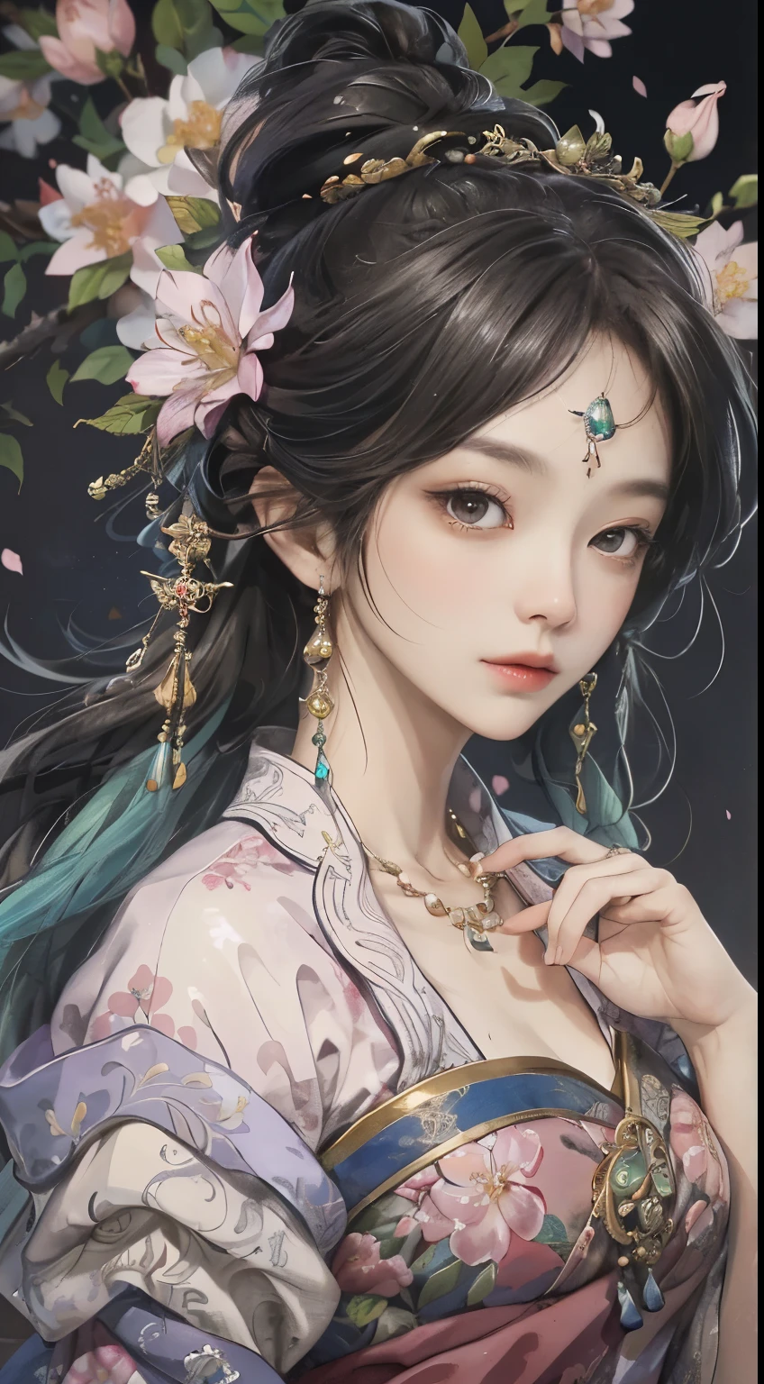 The original，（Implications：1.1），（Best quality），（masterpiece：1.1），（Extremely detailed CG Unity 8K wallpaper），（One color：1.2），1 Plum Blossom God，welcome，Break，Costume，Best quality，Extremely fine jewelry，Plum blossom petals，landscape，Rios|purely，