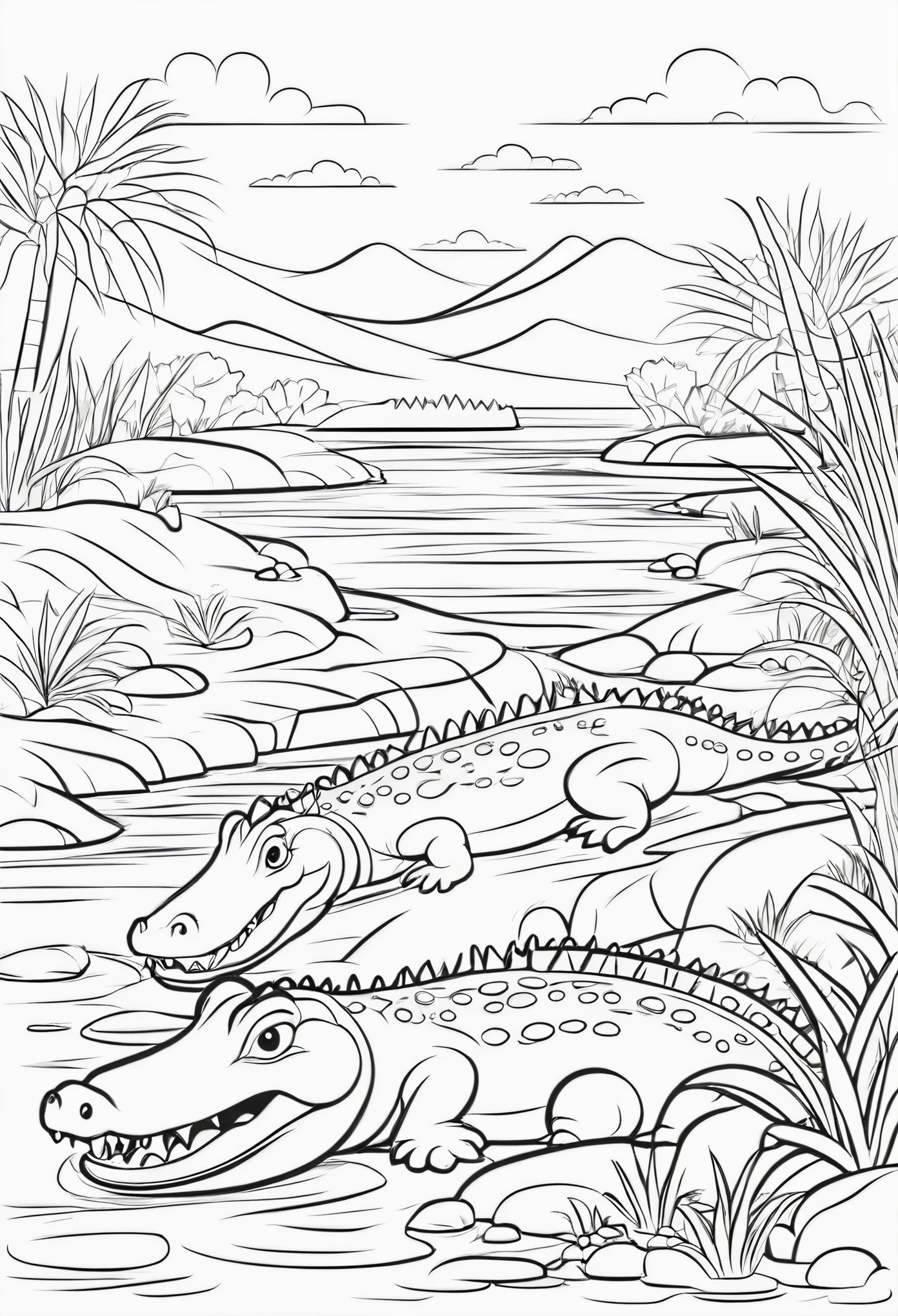 coloring page for kids, crocodiles on the side of a riverbed, cartoon style, thick lines