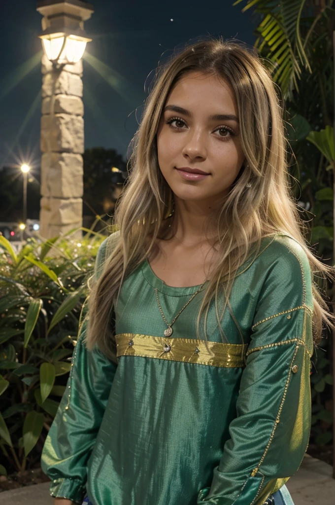 Solo, Muy detallado, cara detallada, pokidiffusion, Imagen de una hermosa chica con largo, cabello desordenado (pelo verde brillante) Usar ropa casual con estampado., feliz, outside in a common place, atardecer, cielo nocturno, Detailed shading and lighting, muestra los senos