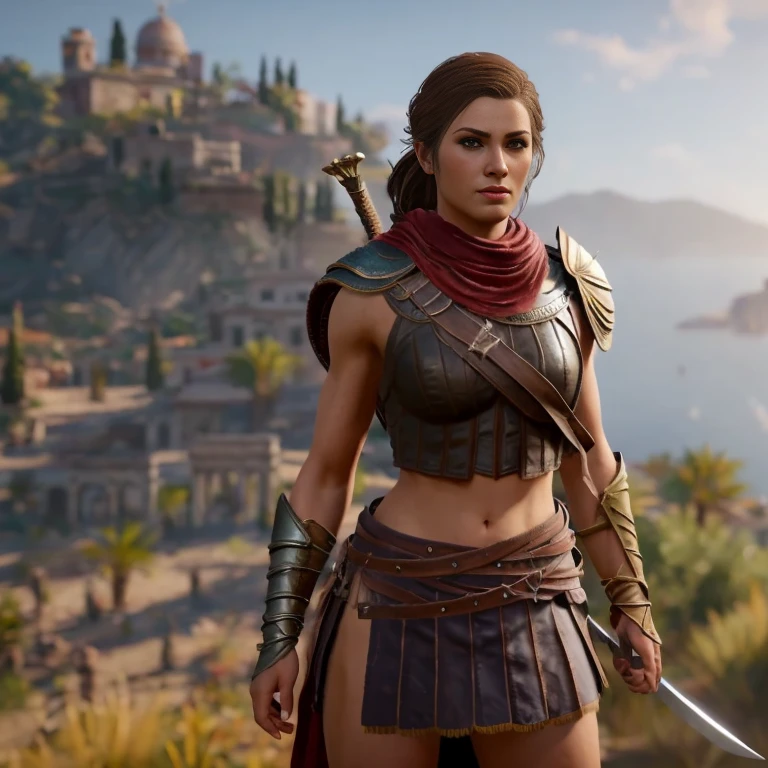 [ warrior woman with athletic body],[spartan],kassandra from Assassin's Creed Odyssey,holding sword,[armour],[acient greek],4k,sharp image,detailed