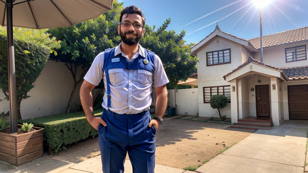 um homem, trabalhando como cortador de grama ou consertando uma lampada, com roupas limpas e organizadas, rosto feliz, em um dia lindo de sol.