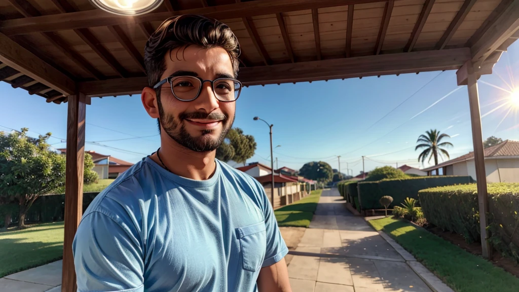 um homem, trabalhando como cortador de grama ou consertando uma lampada, com roupas limpas e organizadas, rosto feliz, em um dia lindo de sol.