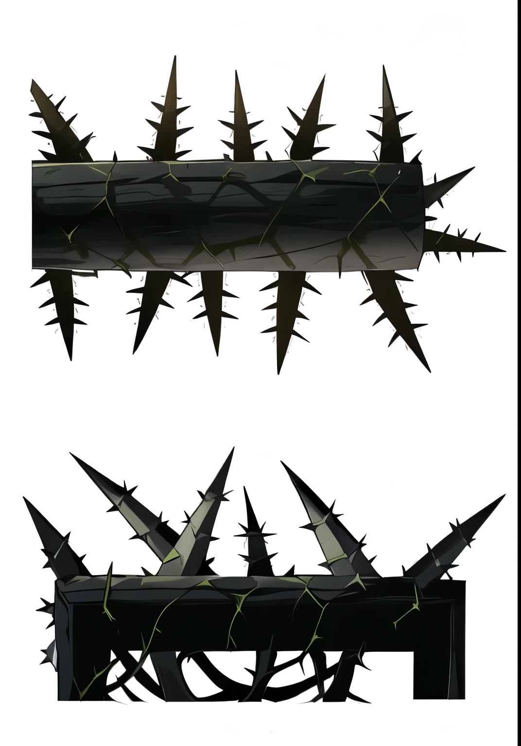 there are two different views of a bunch of spikes on a pole, espinhos, huge espinhos, sharp espinhos, spikes on the body, fundo de espinho. d&d, spikes, skin spikes, thin spikes, dramatic sharp espinhos, long spikes, long metal spikes, ornate spikes, pele espetada, giant espinhos, cravado, espinhos
