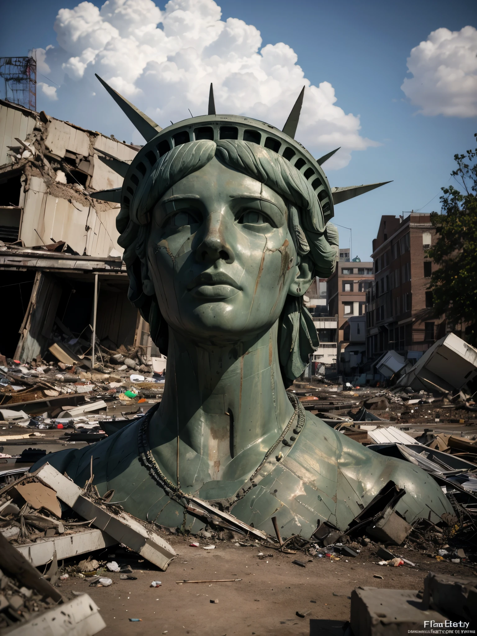 (Highest quality:1.3), cinematic shot, masterpiece, (sharp focus:1.5), (photorealistic:1.3), medium portrait of ruins of Liberty Statue, broken pieces of the statue, dusty statue, typical color of statue, torn USA flag on the ground, Against the backdrop of a desolate post-apocalypse, Ruined New York, Ruins of the Liberty Statue, the wind, dust, Destroyed buildings, Skeletons of burnt cars, Oppressive atmosphere, Dirty skies, photo realism, Sharp focus, Human bones and skulls are scattered everywhere, garbage heaps, Wreckage of buildings, Fallout, Photo 3/4, Dust on statue of liberty, Oppressive atmosphere, (YES SFW)