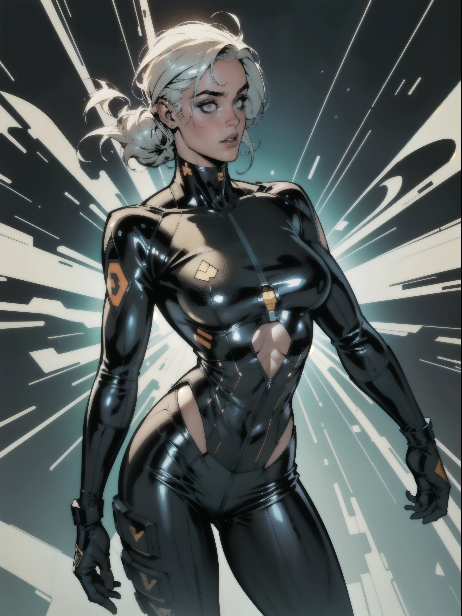 ((melhor qualidade)), ((obra de arte)), (detalhado: 1.4), (absurdo), Stefania Ferrario as fighter pilot ready for war, Roupas cyberpunk de couro branco, com desenhos abstratos espetaculares, color explosion, cosmic tattoo, nebula, corpo escultural muscular definido, todo o corpo, coxas nuas meio grossas, boca fechada, body covered in cyberpunk technological clothing, decote generoso, ((perfect medium breasts)), (olhos azuis super claros), ((roupas branca e laranja)), (((cabelo loiro curto)))), long black eyelashes heavy makeup, cinta-liga, niji--V5, perto do real, psicopata, Cara de maluco, pose sexy, fundo fractal, 2 piece outfit, pastel, centrado, scale to fit dimensions, HDR (High-range dynamics),Rastreamento de raio,NVIDIA RTX,Super-resolution,Irreal 5, underground dispersal, Textura PBR, Post-processing, Anisotropic filtering, profundidade de campo, maximum clarity and sharpness, Texturas multicamadas, Albedo e mapas especulares, surface shading, Accurate simulation of light-material interaction, perfect proportions, octane rendering, two tone lighting, Grande abertura, ISO baixo, white balance, rule of thirds, 8K CRU, Crysisnanosuit 