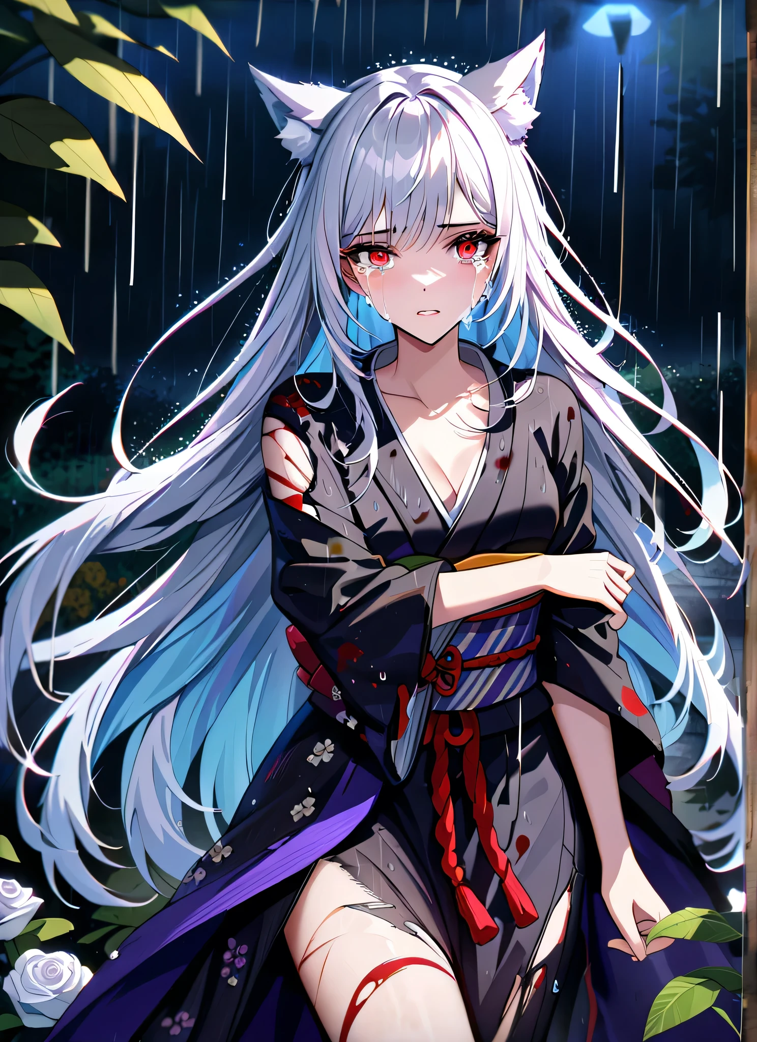 detail description,professional,vivid colors,bokeh,portraits
A gorgeous girl, wolf ears, wearing a very damaged kimono samurai suit, a very ripped damaged kimono suit, missing parts of the suit, very ripped clothes, she's sad, tears, heartbroken, hurt, blood, dark garden, white roses, ultra detailed face, long eyelashes, sharp eyes, perfect make up, white ultra long hair, fullbody shot, garden, night, rain, dramatic scenario, cowboy shot, running in the rain, running in tears, running fast