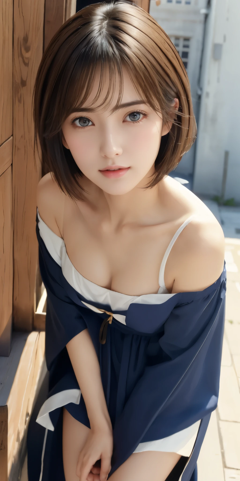 Not NSFW、Photorealistic、highest quality、Highest quality、masterpiece、Ultra-high resolution、Raw photo、Realistic、Bright lighting、Face Light、Smooth Professional Lighting、Looking at the camera、alone、Adult women、Beautiful woman、Super Beauty、Realistic肌、Moisturized Skin、Realistic eyes and faces、Perfect model body shape、Beautiful Eyes、Big eyes、Inconspicuous tear bags、slim、Medium sized big breasts、No bra、Beautiful fingers、Very short hair、Jet black hair、Black eyes、seems to be happy、Cowboy Shot、(Both ears are hidden in the hair)、(((saintの純白のドレス)))、Fantasy World、Medieval Europe、saint、(((Holy Priestess)))、Inside the temple、Neck Holder、Off the shoulder