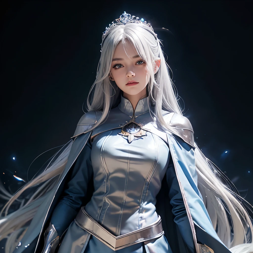 Girl, spellcaster, diamond and silver uniform, silver hair, wear tiara, picture form top to belly, heroic stand, round face, blue background, look at camera, detailed, photorealistic, best quality, black background