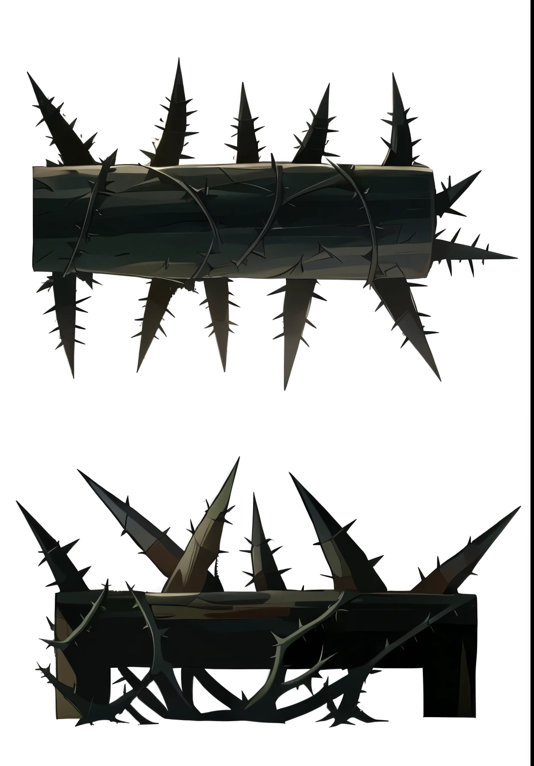 there are two different views of a bunch of spikes on a pole, espinhos, huge espinhos, sharp espinhos, fundo de espinho. d&d, thin spikes, long spikes, long metal spikes, spikes on the body, skin spikes, ornate spikes, spikes, espinhos gigantes, dramatic sharp thorns, espinhos e vinhas. detalhado, pele espetada