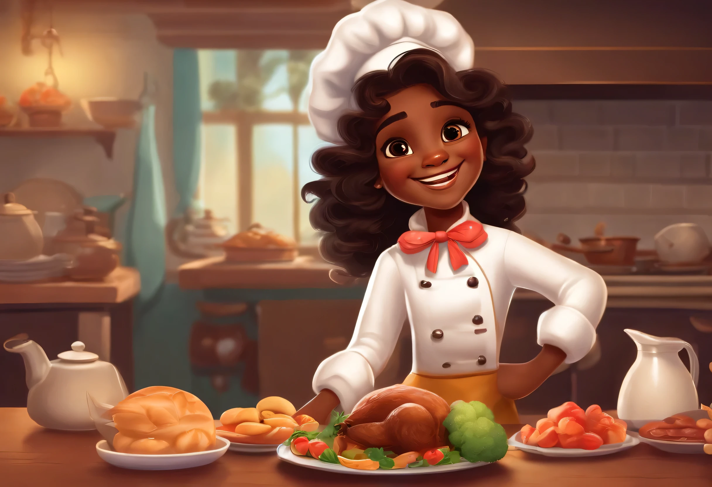 A small 6-year-old girl, with long, very curly dark brown hair, completely coily hair, dark skin, brown eyes, dressed in a white chef's jacket, black pants, wearing a typical tall white chef's hat, smiles showing a delicious plate of steaming food. disney pixar style image