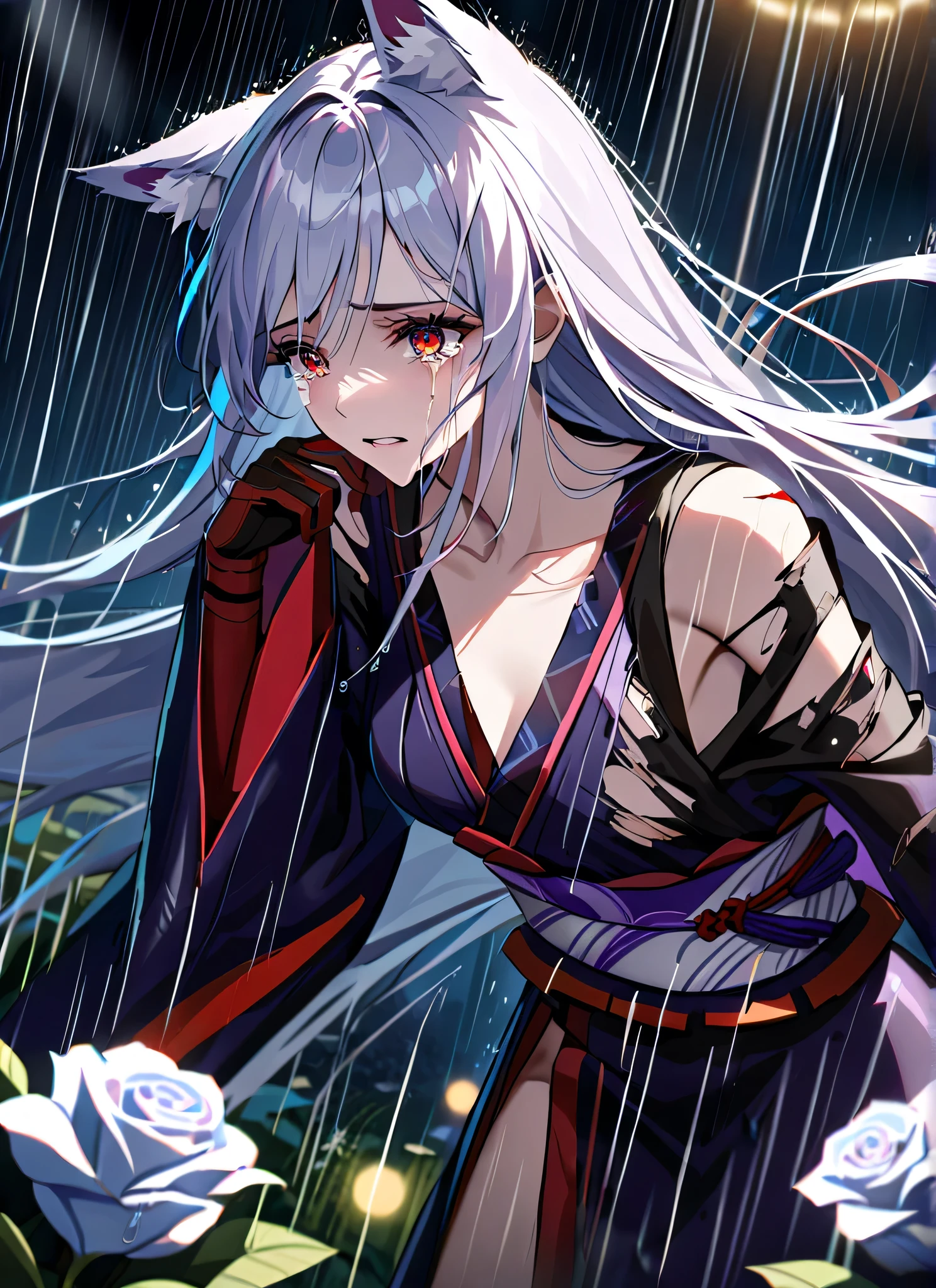 detail description,professional,vivid colors,bokeh,portraits
A gorgeous girl, wolf ears, wearing a very damaged kimono samurai suit, a very ripped damaged kimono suit, missing parts of the suit, very ripped clothes, she's sad, tears, heartbroken, hurt, blood, dark garden, white roses, ultra detailed face, long eyelashes, sharp eyes, perfect make up, white ultra long hair, fullbody shot, garden, night, rain, dramatic scenario, cowboy shot, running in the rain, running in tears, running fast