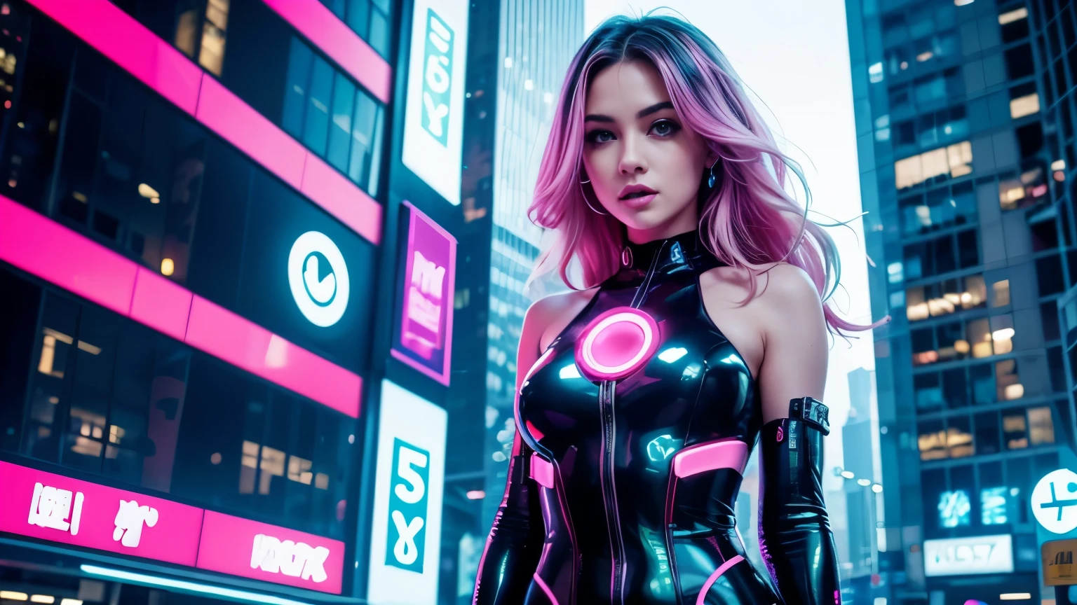 A girl with pulsating energy, colorful neon lights illuminating her surroundings, standing in a vibrant cityscape. She is wearing a futuristic outfit, her clothing reflecting and shimmering with every move. Her eyes are mesmerizing, with a hint of glowing light, reflecting her inner power. Her lips are beautifully detailed, vibrant with a shade of electric pink. She is surrounded by a pulsating aura of energy, emanating from her body in colorful waves. The city skyline behind her is filled with towering buildings, adorned with vibrant digital billboards displaying futuristic advertisements. The streets below are bustling with life, filled with people and futuristic vehicles. The colors of the scene are vivid and vibrant, with a mix of neon and bright hues. The lighting of the scene is dynamic, with rays of light piercing through the cityscape, creating a captivating atmosphere. The overall image is of the highest quality, with ultra-detailed rendering, sharp focus, vivid colors, and a touch of bokeh to enhance the visual depth. The style of the artwork is a fusion of sci-fi and anime, with a touch of cyberpunk aesthetic. The color tone is a mix of vibrant neon and cool blues, creating a visually striking and energetic composition.