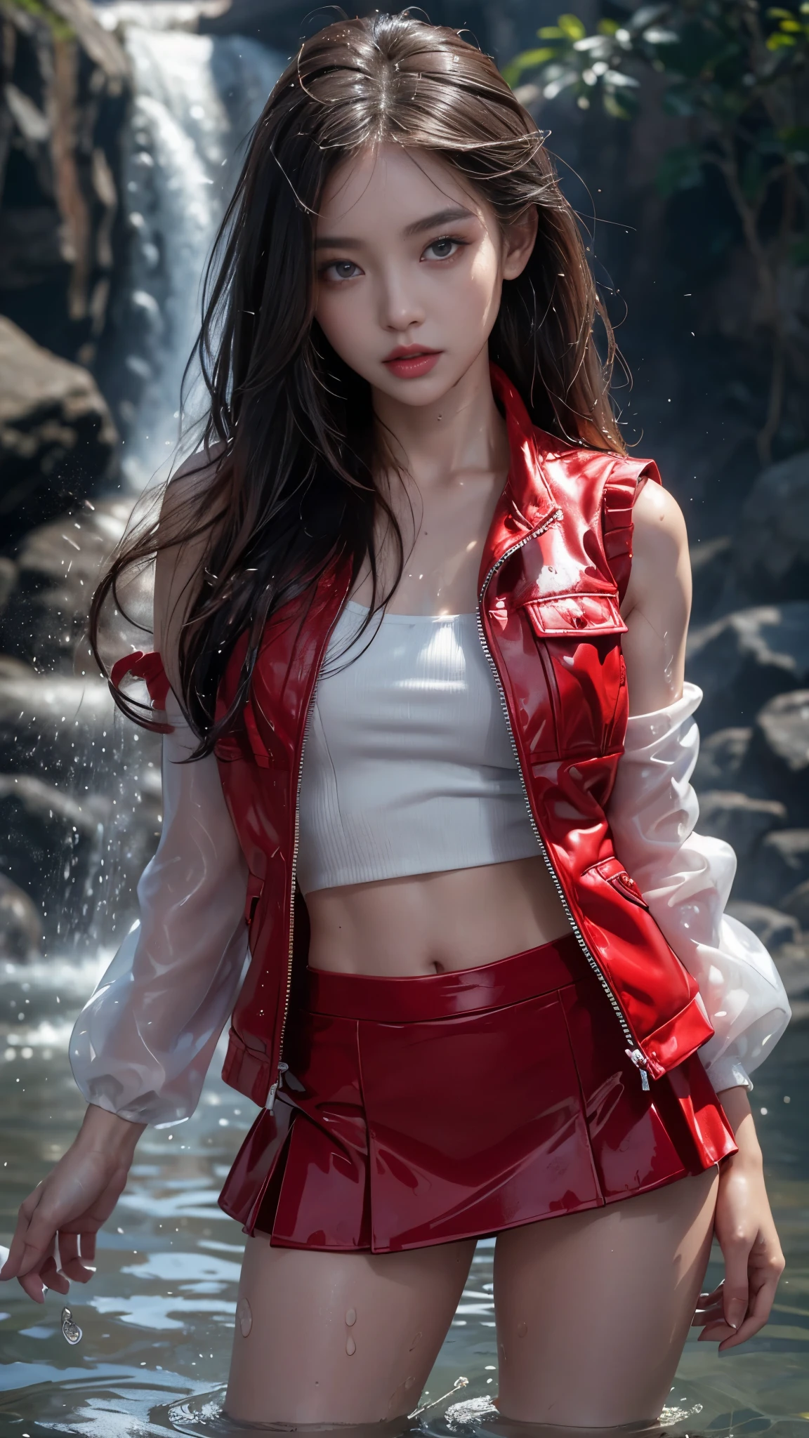 8k, masterpiece, 1 girl, beautiful face, ((very long hair)), glossy makeup, (glossy skin:1.5), detailed eyes, detailed lips, small bust, red short jacket, wet white vest, ((red mini skirt)), ((under pants)), ((bare thigh)), straps clothing, (water falling:1.5), steam effect, water vapor, adult pose,