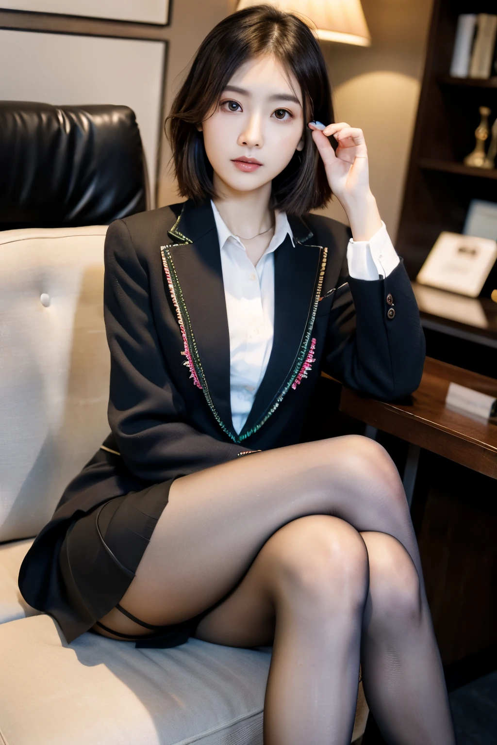 An elegant, upper-class, elite secretary in a business shirt, Sit on a chair,Working in the office、厳格なbusiness suitを着用する, (Wear pantyhose)、(Short Layered Hair)、Crossing your legs, Wear high-end heels、 (Knee socks and skirt), Girl in a shirt, Wearing a suit, Wearing a suit, Wearing a suit, merchant, Business Attire, 黒いWearing a suit, Wear a shirt and skirt, Woman in a suit, business suit, business attire, RAW Photos, (8k、highest quality、masterpiece:1.2)、(Intricate details:1.4)、(Photorealistic:1.4)、Octane Rendering、Complex 3D rendering with ultra-detail, Studio Soft Light, Rim Light, Vivid details, Super Detail, Realistic skin texture, Detail Makeup, Beautiful details in the eyes, Highly detailed CG Unity 16k wallpaper, Makeup - Makeup, (Detailed Background:1.2), Exposing thighs!!!,