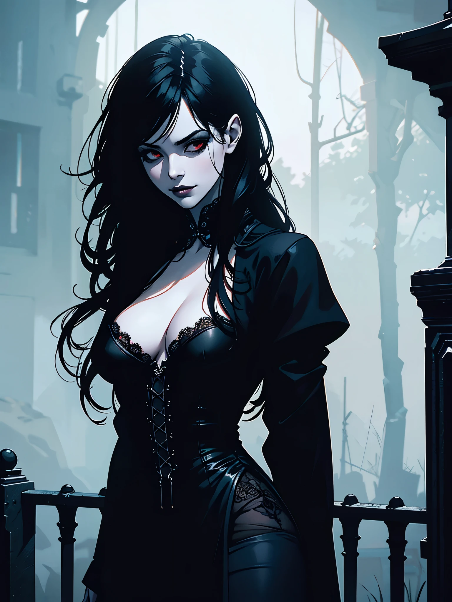 (best quality,4k,8k,highres,masterpiece:1.2),ultra-detailed,(realistic,photorealistic,photo-realistic:1.37),goth korean girl, gothic,1woman,dark town,red eyes,dark ambient,low saturation,anime style,pale skin,long flowing hair,gothic clothing,silhouette,surreal background,mysterious atmosphere,intense emotions,melancholic expression,lens flare,dramatic shadows,symbolic elements,heavy makeup,pale and dark colors,misty fog,ethereal beauty,subtle texture, dark makeup, back shot , full body, wicked smile, seductive witch
