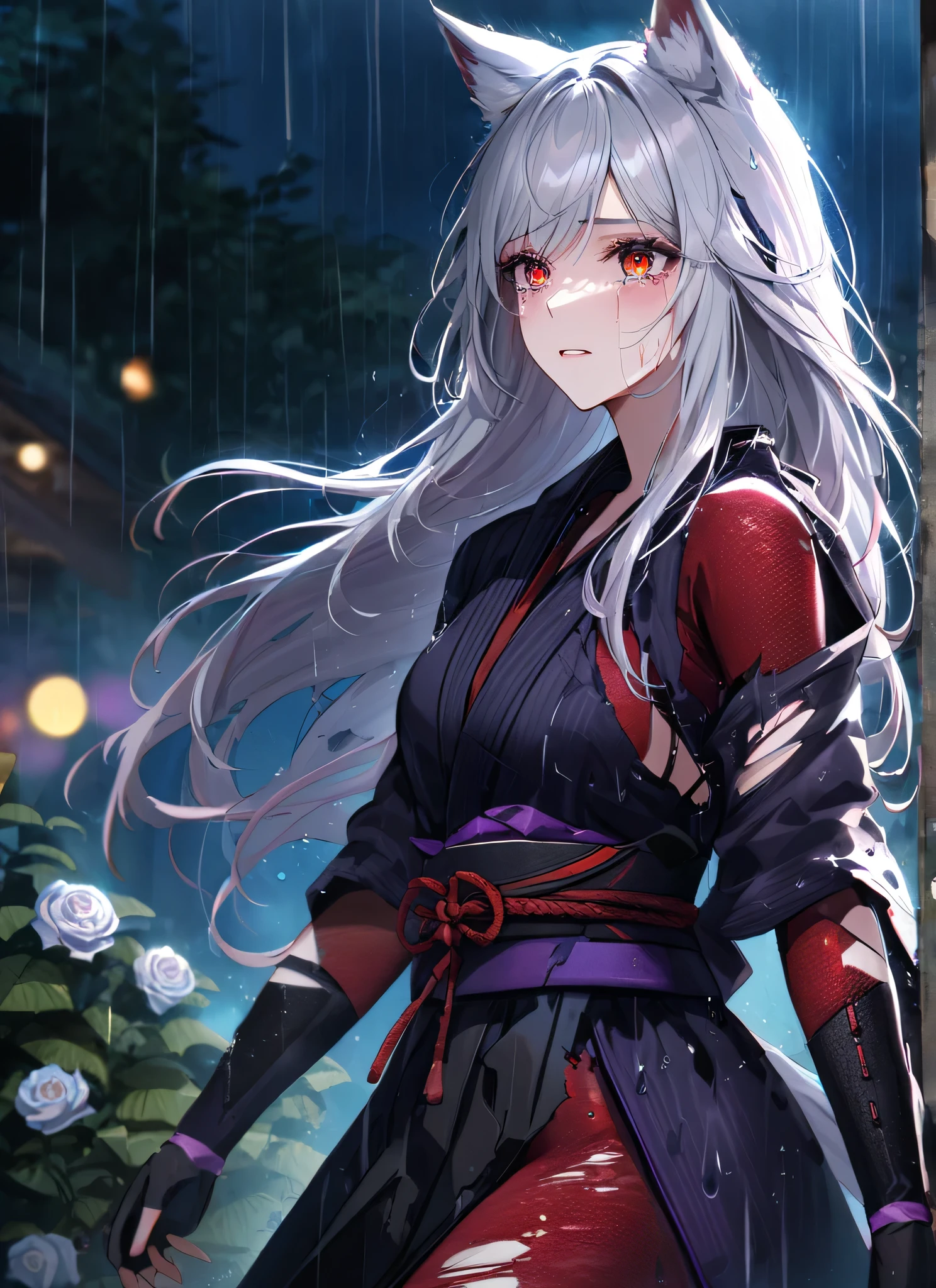 (masterpiece, best quality, detailed), 1girl, solo, 1girl, solo, white hair, black hair, multicolored hair, x-shaped pupils, black eyes,
ninja, fishnets, arm guards, japanese clothes, thighhighs, red scarf, fingerless gloves, sash, outdoors, lightning, rain, cloudy sky, wet, storm, wind, arms on hips, parted lips