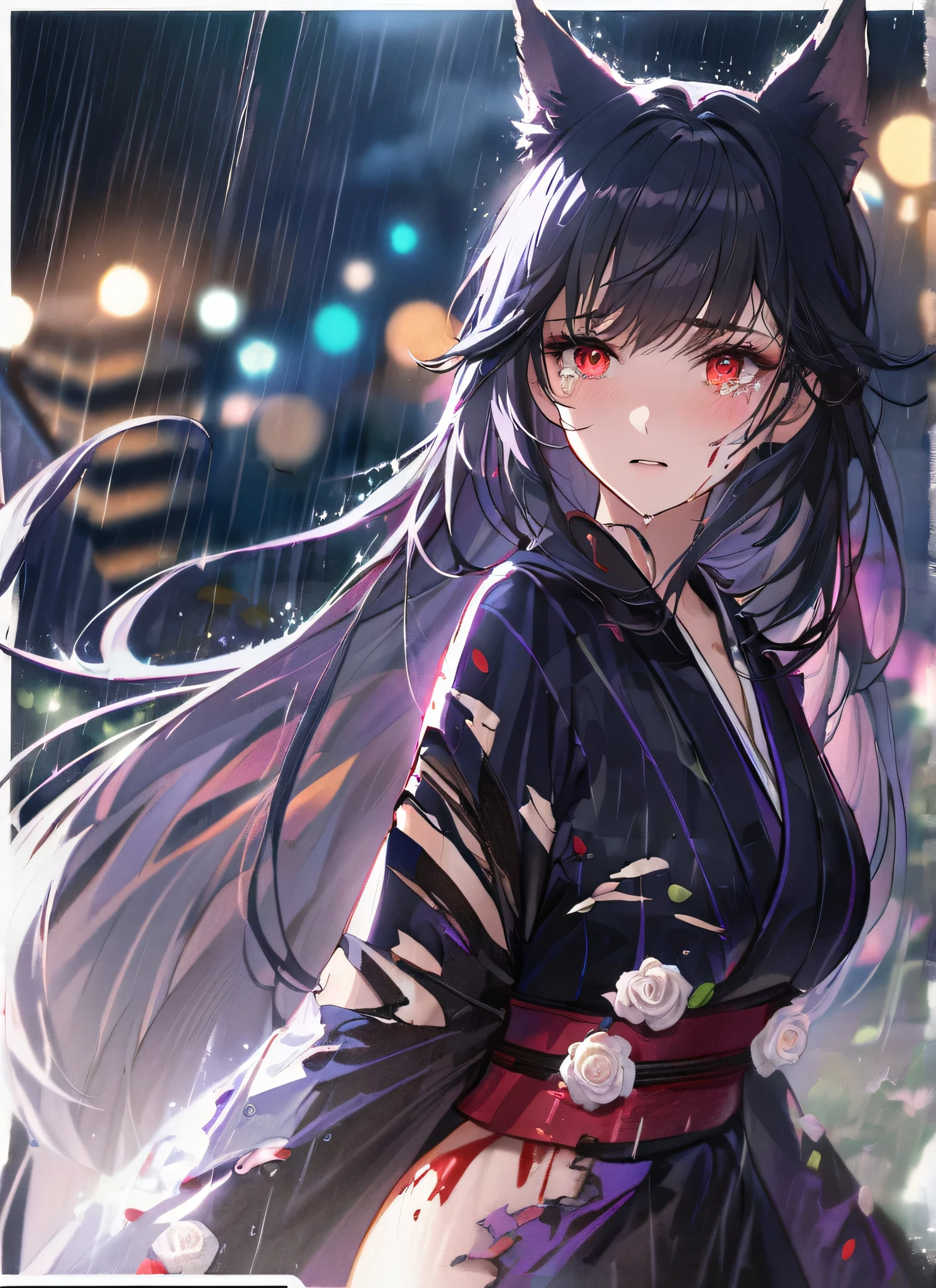 detail description,professional,vivid colors,bokeh,portraits

A gorgeous girl, wolf ears, wearing a  very damaged kimono samurai suit, a very ripped damaged kimono suit, missing parts of the suit, very ripped clothes, she's sad, tears, heartbroken, hurt, blood, dark garden, white roses, ultra detailed face, long eyelashes, sharp eyes, perfect make up, white ultra long hair, fullbody shot, garden, night, rain, dramatic scenario, cowboy shot, running in the rain, running in tears, running fast 