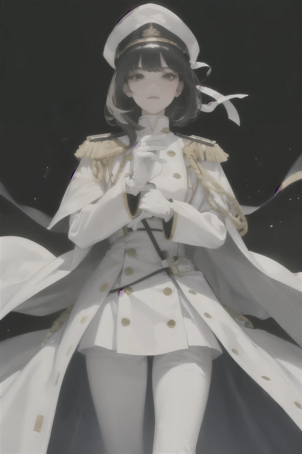 (Highest Resolution, clear_image) Best Quality, woman, masterpiece, Attention to detail, realism, Black Hair, bangs, Straight Long Hair, mature, White clothes, White Uniform, White gloves, Military school beauty, Wearing a white military cap, Heroic Posture, Saber at waist, Interior background, Graceful features, Ultra-high resolution, movie-like texture, Complete the five fingers, Light and shadow effects, Half Body