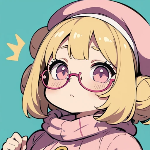 [[lalafell]], wide face, puffy cheeks, short, chubby, space buns, blonde hair, pink beret, pink sweater, round glasses, [big glasses], small, anime, girl, [emote], [[horrified expression]],