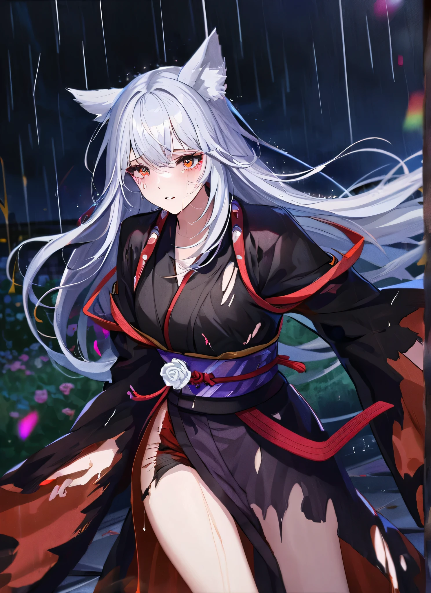  detail description,professional,vivid colors,bokeh,portraits

A gorgeous girl, wolf ears, wearing a  very damaged kimono samurai suit, a very ripped damaged kimono suit, missing parts of the suit, very ripped clothes, she's sad, tears, heartbroken, hurt, blood, dark garden, white roses, ultra detailed face, long eyelashes, sharp eyes, perfect make up, white ultra long hair, fullbody shot, garden, night, rain, dramatic scenario, cowboy shot, running in the rain, running in tears, running fast 