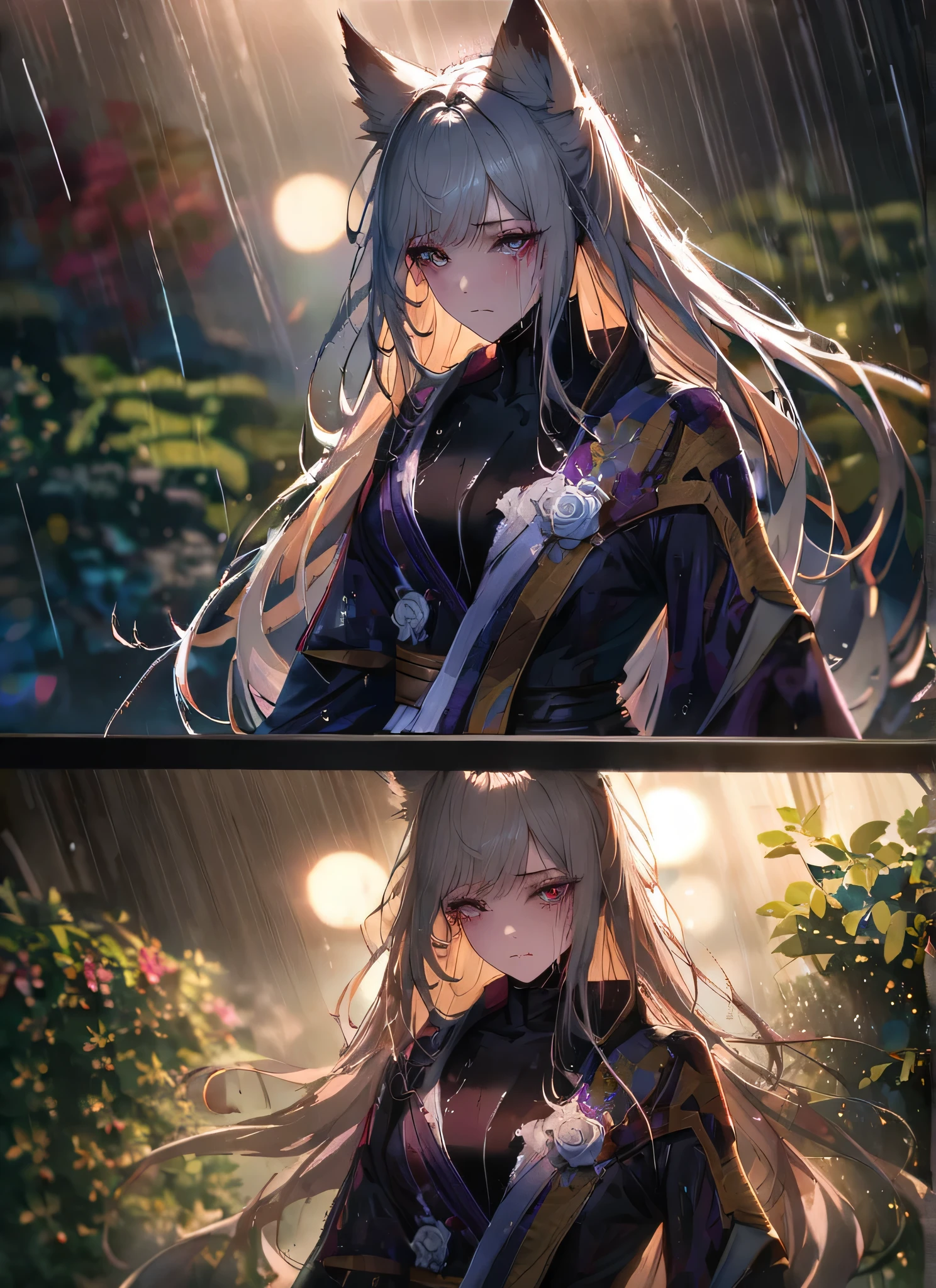  detail description,professional,vivid colors,bokeh,portraits

A gorgeous girl, wolf ears, wearing a  very damaged kimono samurai suit, a very ripped damaged kimono suit, missing parts of the suit, very ripped clothes, she's sad, tears, heartbroken, hurt, blood, dark garden, white roses, ultra detailed face, long eyelashes, sharp eyes, perfect make up, white ultra long hair, fullbody shot, garden, night, rain, dramatic scenario, cowboy shot, running in the rain, running in tears, running fast 