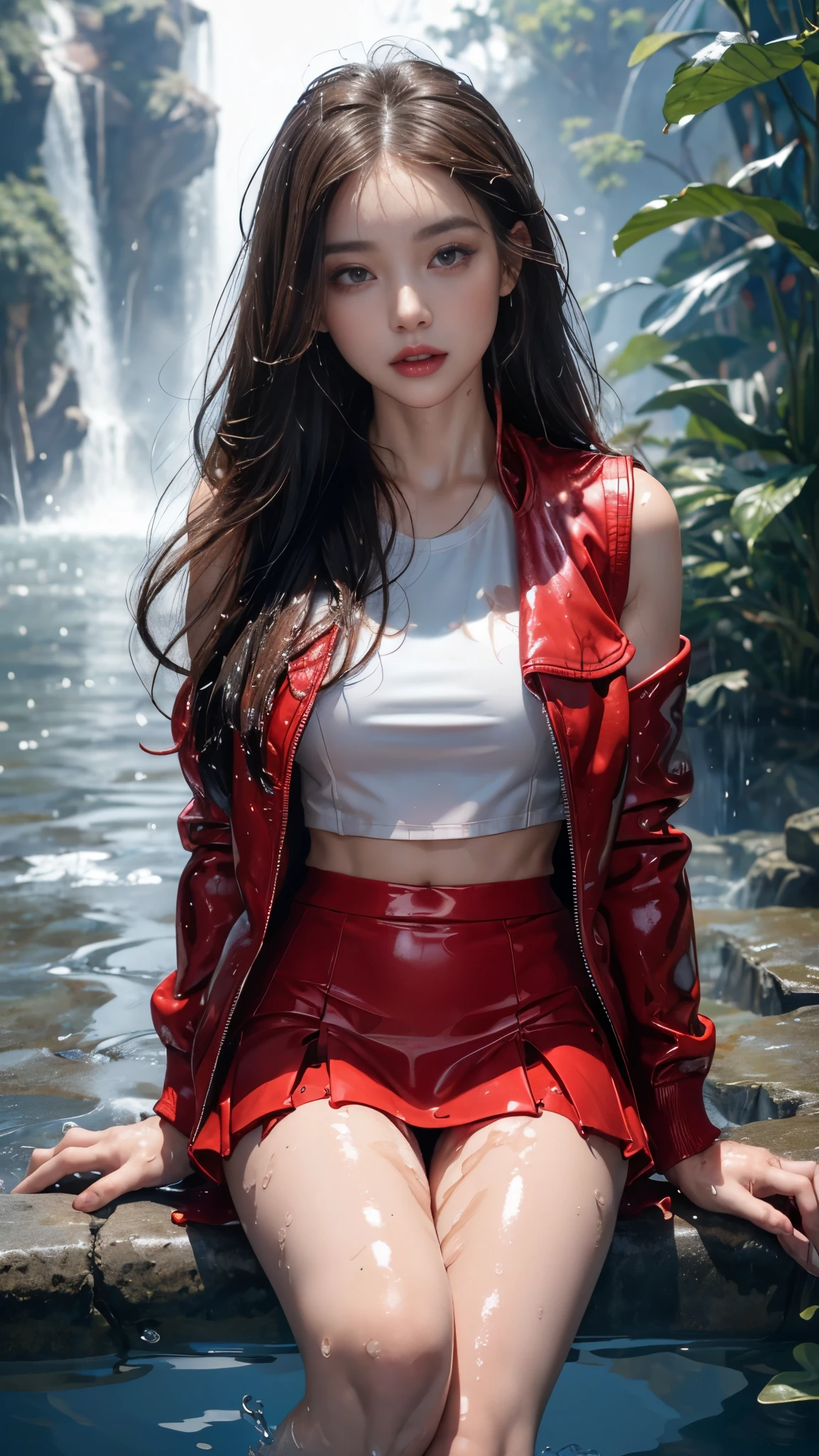 8k, masterpiece, 1 girl, beautiful face, ((very long hair)), glossy makeup, (glossy skin:1.5), detailed eyes, detailed lips, small bust, red short jacket, wet white vest, ((red mini skirt)), ((under pants)), ((bare thigh)), straps clothing, (water falling:1.5), steam effect, water vapor, adult pose, sitting