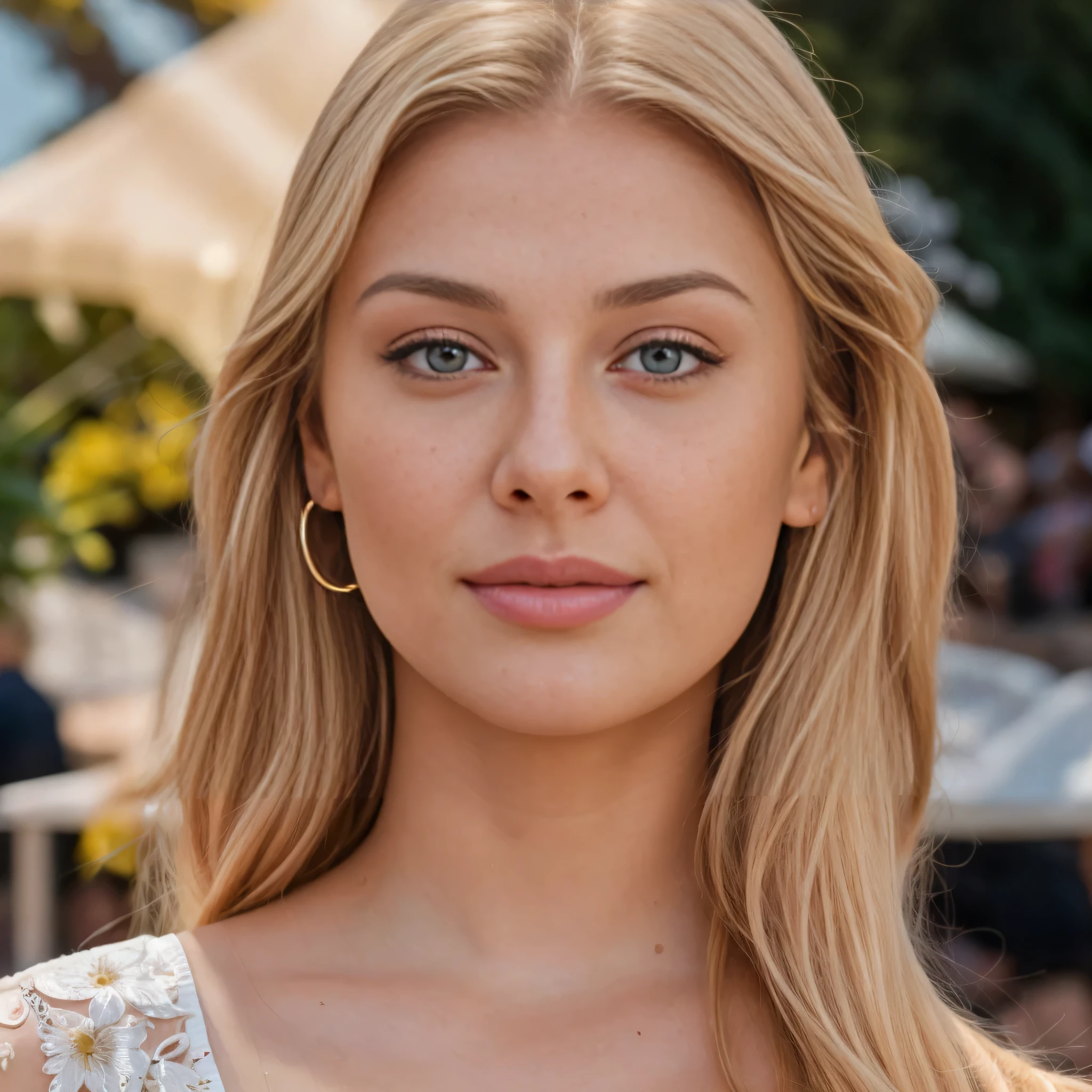 A full face of an attractive blonde girl 20 y.o., front profile shot, spotless skin, immensely beautiful, divine beauty, Oval Face, Fair Skin, long blonde Hair, hazel Eyes, beautiful and detailed eyes, Beautiful Nose, (Thick Lips:1.2), Round Chin, Instagram model, cheerful smile, Masterpiece, 8k, uhd, hyperrealistic, award winning, RAW photo, ultra high quality, 35mm photograph, film grain, professional, highly detailed