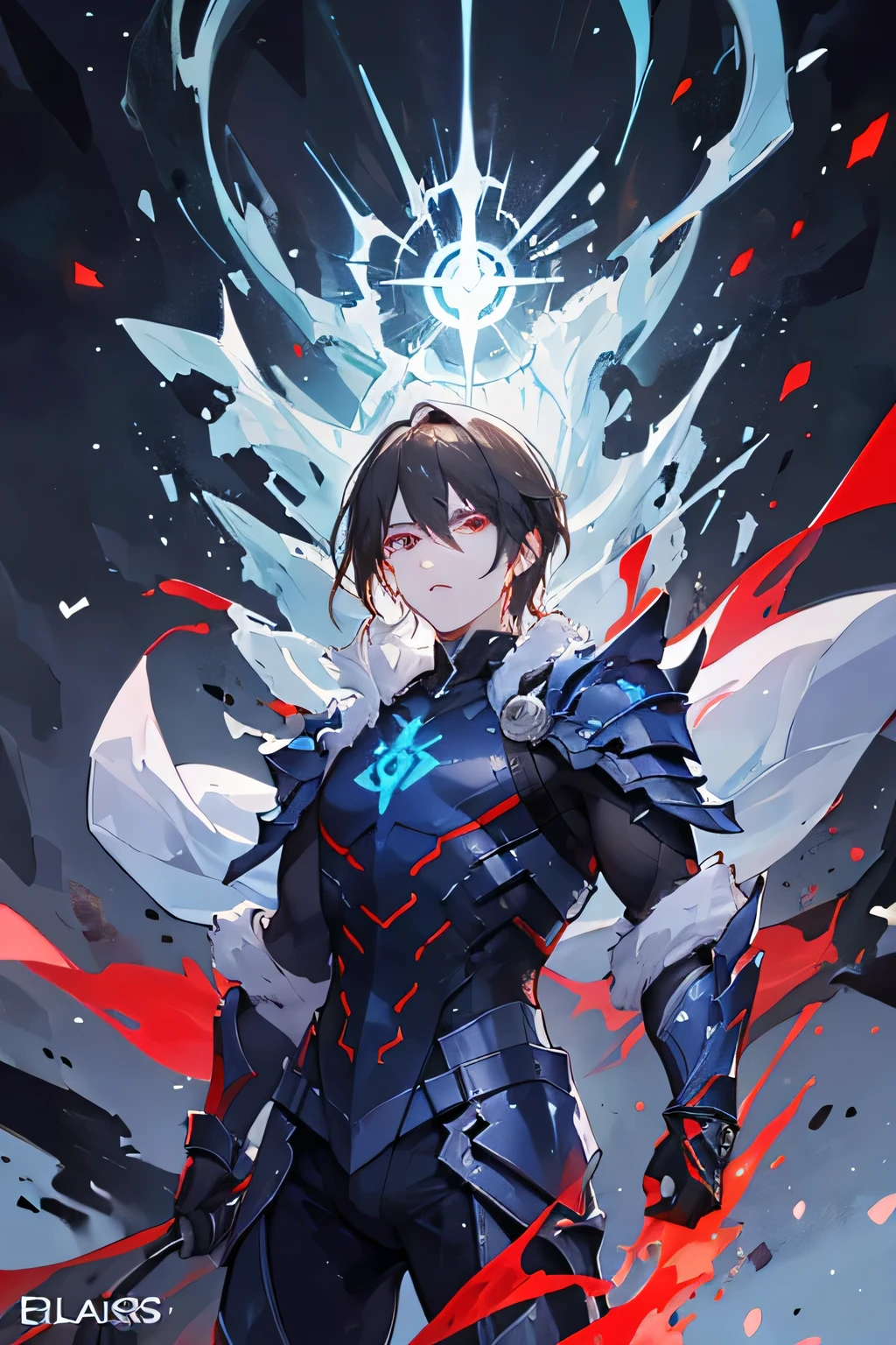((best quality)), ((masterpiece)), (detailed), A male warrior of balance, he embodies both light and darkness. He has epic red and blue armor with some white. His name is Solaris.