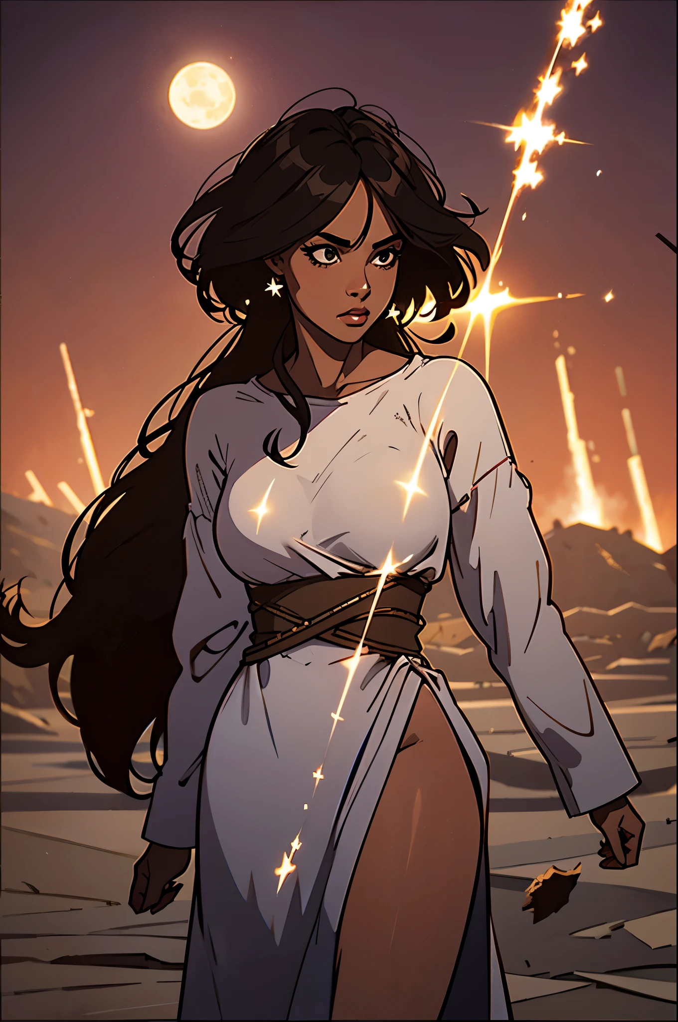 Masterpiece, best quality, ((salt flat)), 4K,8K,style,masterpiece, create a black woman, at night long charge, ((ultra-detailed)), outdoors, night, nature, (stars, full moon), shadows, contrast, clear sky, (style, (film grain: 1.3), (warm hue, warm tone): 1.2), cinematic light, side lighting, ultra high resolution, (best shade), RAW, walk, verse,