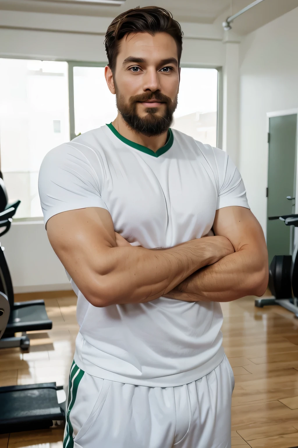A photorealistic portrait of a successful, confident 30-year-old male entrepreneur. Emphasize his expressive green eyes , groomed beard and mustache , a strong jawline, and a subtle, knowing smile. He is in a gym wearing a white basic jersey