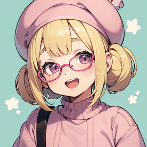 [[[excited]]], open mouth, smile, [[lalafell]], wide face, puffy cheeks, short, chubby, space buns, blonde hair, small pink beret, pink sweater, round glasses, [big glasses], small, anime, girl,
