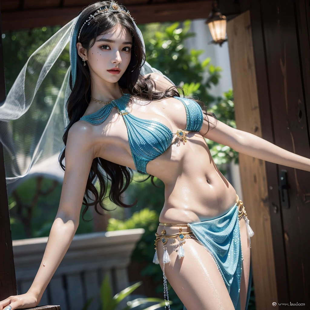 absurdres, RAW photo, extremely delicate and beautiful, masterpiece, Best Quality, ultra high resolution, 32k, hyperrealistic, ultra-detailed, perfect anatomy, anatomically correct, perfect figure, super Detailed skin, pale skin, 20 years old, very Slim body, narrow waist, very small head, very small face, delicate facial features, detailed face, detailed eyes, tearful mole, earring, thin legs, bare legs, ((very huge round breasts)), short medium hair, ((wavy hair)), wet clothes, ((Belly dancer costume)), ((face veil)), anklet,