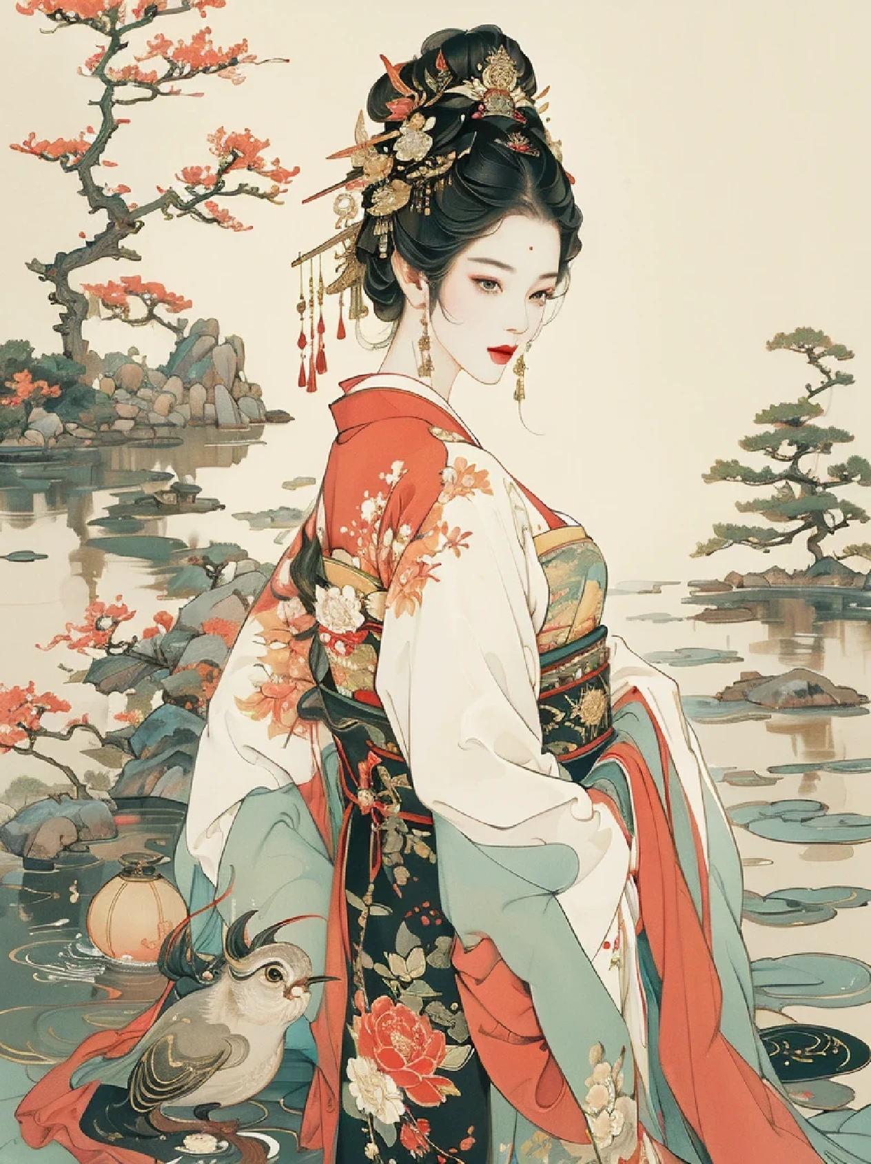 (best quality,4k,8k,highres,masterpiece:1.2),ultra-detailed,realistic:1.37,portrait,painting,colorful,beautiful detailed eyes,beautiful detailed lips,dark-haired geisha in her thirties(detailed dark hair),wearing traditional kimono,exquisite kimono design,detailed craftsmanship,long flowing sleeves,elaborate obi,delicate embroidery,intricate patterns,traditional Japanese accessories,geisha makeup(pale complexion,red lips,black eyeliner),elegant and graceful pose,serene expression,traditional Japanese garden in the background,zen elements in the garden,stone lanterns,water feature,bridges,cherry blossom trees,birds chirping,soft sunlight and dappled shadows,authentic Japanese atmosphere,painting with oil technique,vivid colors,rich color palette,subtle gradations of light and shadow,attention to texture and reflection,high level of detail,meticulous brushwork,expressive strokes,realism with a touch of artistic interpretation