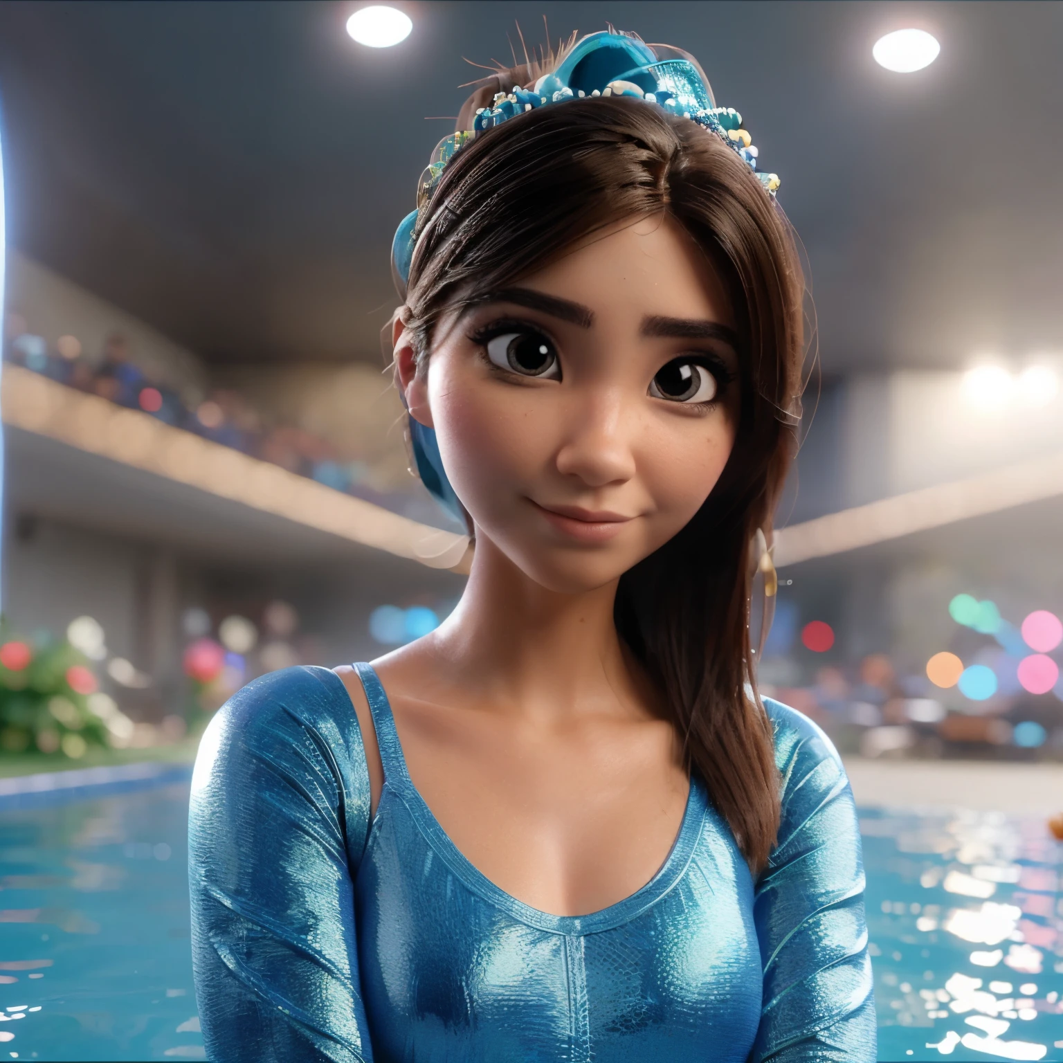 Cartoon character of a professional swimmer woman with blue swimming goggles on her head and blue long sleeve swimsuit,  ella tiene el cabello liso corto color negro hasta los hombros, es de piel color morena, ojos marrones,  animation character, personaje estilizado, animation style rendering, 3D estilizado, Arnold Maya renderizado, Render 3D estilizado, Toon render keyshot, Personaje 3D, Personaje 3D, Stylized 3D rendering, renderizado de personajes 3d, personaje animado, Close-up character, Pose del personaje, (Estilo Pixar) (parte maestra:1.2) (bokeh) (mejor calidad) (piel detallada) (textura detallada) (8k) (arcilla) (cinematic lighting) (Sharp focus)

