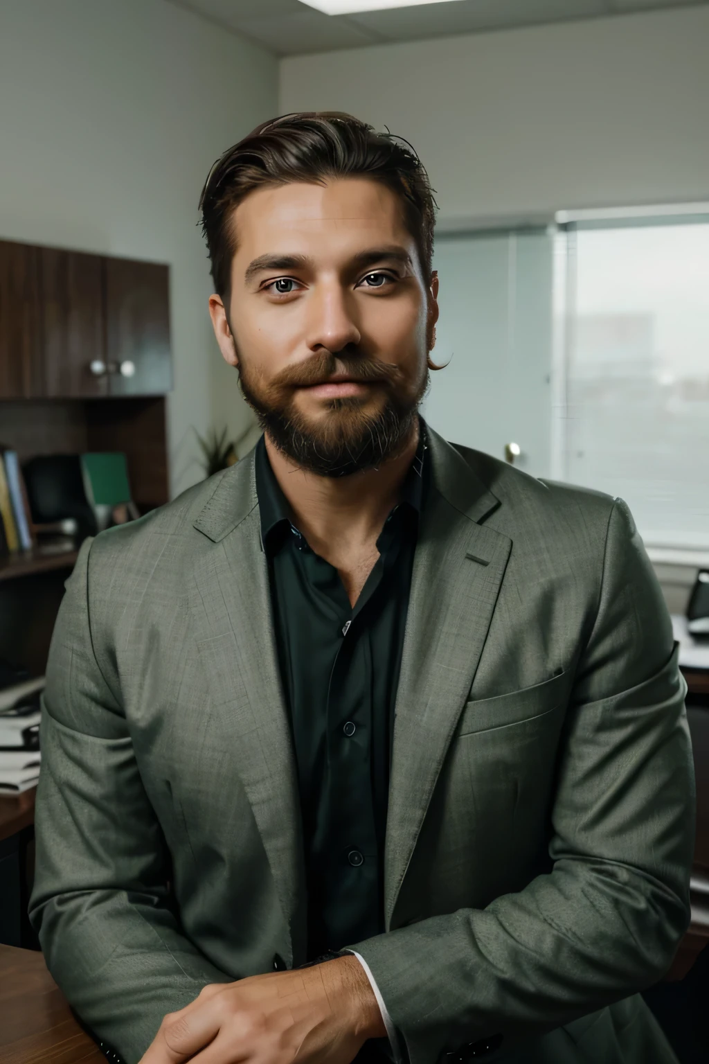 A photorealistic portrait of a successful, confident 30-year-old male entrepreneur. Emphasize his expressive green eyes , groomed beard and mustache , a strong jawline, and a subtle, knowing smile. He is in an office wearing expensive suit