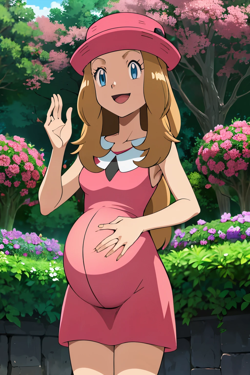 obra maestra, Mejor calidad, high resolution, al aire libre, 1 chica, Solo, serena (pokemon), sombreros rosas, falda roja, la camisa negra, hombros descubiertos, mirando al espectador, embarazada, pregnant, sonrisa timida, rubor. 