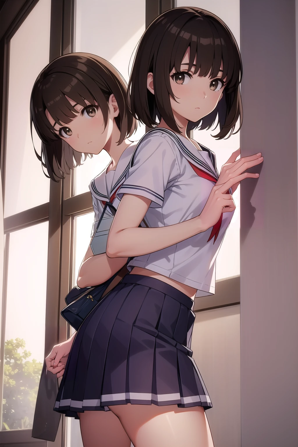 katoumegumi, megumi katou, Brown Hair, short hair, (Brown eyes:1.7), (Small breasts:1.2),
break miniskirt, , skirt, Sailor suit, serafuku,
break looking at viewer,
break indoors, classroom,
break (masterpiece:1.2), highest quality, High resolution, unity 8k wallpaper, (figure:0.8), (Beautiful fine details:1.6), Highly detailed face, Perfect lighting, Highly detailed CG, (Perfect hands, Perfect Anatomy),