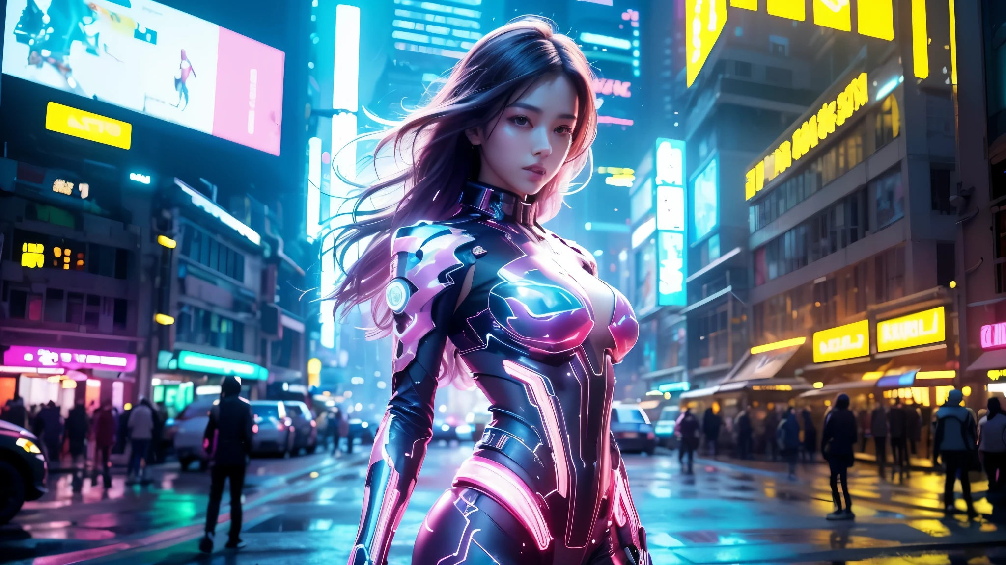 A girl with pulsating energy, colorful neon lights illuminating her surroundings, standing in a vibrant cityscape. She is wearing a futuristic outfit, her clothing reflecting and shimmering with every move. Her eyes are mesmerizing, with a hint of glowing light, reflecting her inner power. Her lips are beautifully detailed, vibrant with a shade of electric pink. She is surrounded by a pulsating aura of energy, emanating from her body in colorful waves. The city skyline behind her is filled with towering buildings, adorned with vibrant digital billboards displaying futuristic advertisements. The streets below are bustling with life, filled with people and futuristic vehicles. The colors of the scene are vivid and vibrant, with a mix of neon and bright hues. The lighting of the scene is dynamic, with rays of light piercing through the cityscape, creating a captivating atmosphere. The overall image is of the highest quality, with ultra-detailed rendering, sharp focus, vivid colors, and a touch of bokeh to enhance the visual depth. The style of the artwork is a fusion of sci-fi and anime, with a touch of cyberpunk aesthetic. The color tone is a mix of vibrant neon and cool blues, creating a visually striking and energetic composition.