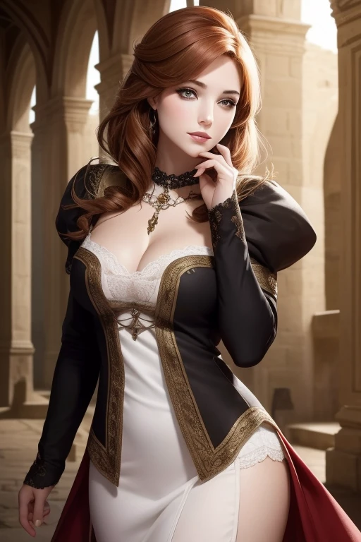 Jolie femme, humain, face ronde, rousse light, taches de rousseur light, habillée en dentelle, seductive, peu de vêtements, Fantasy medieval cadre