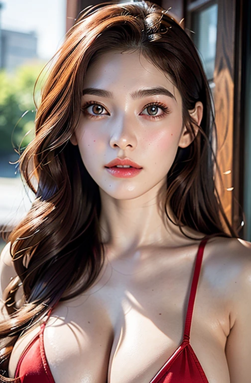 realistic,( photo-realistic), ultra hires, 20 year old, (masterpiece, top quality, best quality, official art, beautiful, raw photo, (high detailed skin:1.4), detailed woman face, kafka, red eyes, red hair, long eyelashes, delicated eyebrows, beautiful lips, high detailed eyes, ((big breasts: 1.2))