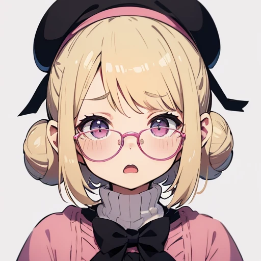 [[[horrified]]], open mouth, frown, [[lalafell]], wide face, puffy cheeks, short, chubby, high space buns, blonde hair, small pink beret, baggy pink sweater, round black glasses, [big glasses], small, anime, 1girl,