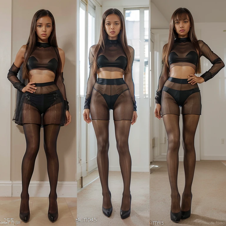 3 split screen of same girl (Jenna Ortega) wearing different pantyhose, (((Platino 15 denier ultra-sheer skin colored tights))), different crop tops, Christian Louboutin high heels, tights pantyhose, long hair, bangs, photorealistic, seductive look at camera