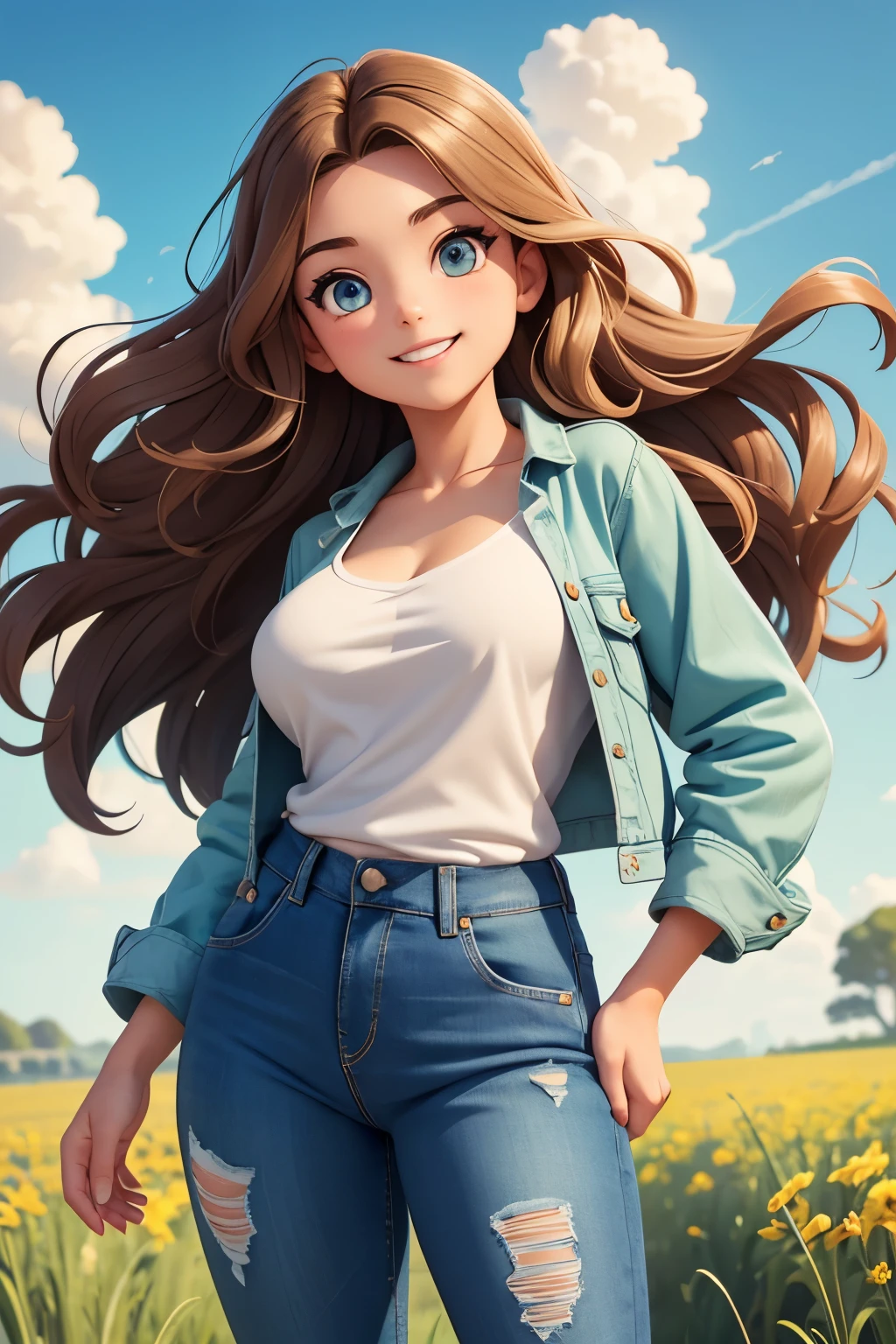 A beautiful girl with a fair skin and is absolutely stunning, wide eyes, dazzling-light-greenish-brownish eyes that sparkle, very long very-wavy-brown-hair with faint light green highlights, eager and joyful, perfect smile, youthful and empathetic also understanding and social, long shirt, light blue jeans, jacket that's slipping off-shoulders, impressive shape, in front of clouds, gorgeous/kind/happy, bottom of shirt tucked into jeans, amazing graphics, high-key lighting, thicc, flat chest,