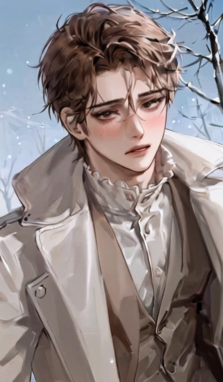 1man, portrait, short brown hair tight crop hairstyle, brown adorable doe-like eyes framing with luxuriant lashes, delicate beauty with small face, soft blushed cheeks, wearing winter outfit with long coat brown, fair skin, pretty boy, slim body, ((in the winter sidewalk)), sad expression make it look like drama scene, looking at viewer.