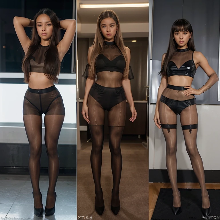2 split screen of same girl (Jenna Ortega) wearing different pantyhose, (((Platino 15 denier ultra-sheer skin colored tights))), different crop tops (sweate), Christian Louboutin high heels, tights pantyhose, long hair, bangs, photorealistic, seductive look at camera