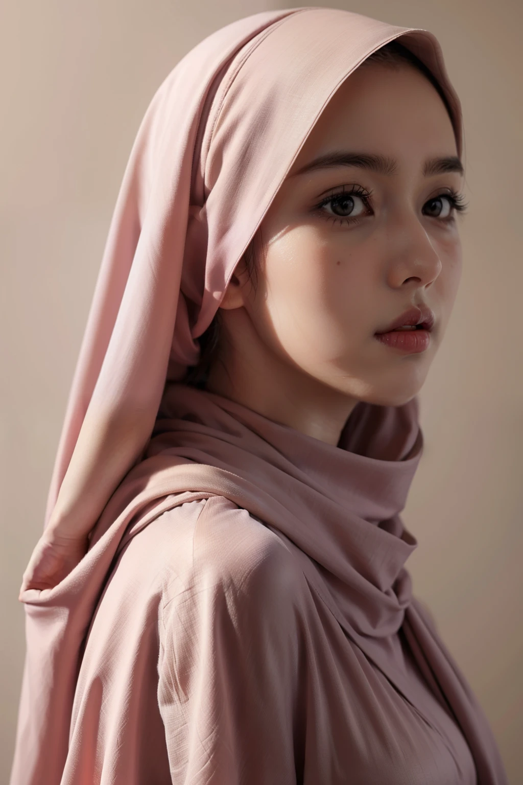 Realistic photo,wearing dress and long hijab, look from side, hyperrealistic, masterpiece, sweet ekspresion, melancholy , closeup photo, bright eyes, sexy lips, detailed makeup, detailed eyes cornea, wearing hijab no hair looks, blush pink cheek