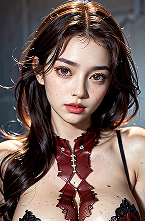 realistic,( photo-realistic), ultra hires, 20 year old, (masterpiece, top quality, best quality, official art, beautiful, raw photo, (high detailed skin:1.4), detailed woman face, kafka, red eyes, red hair, long eyelashes, delicated eyebrows, beautiful lips, high detailed eyes, ((big breasts: 1.2))